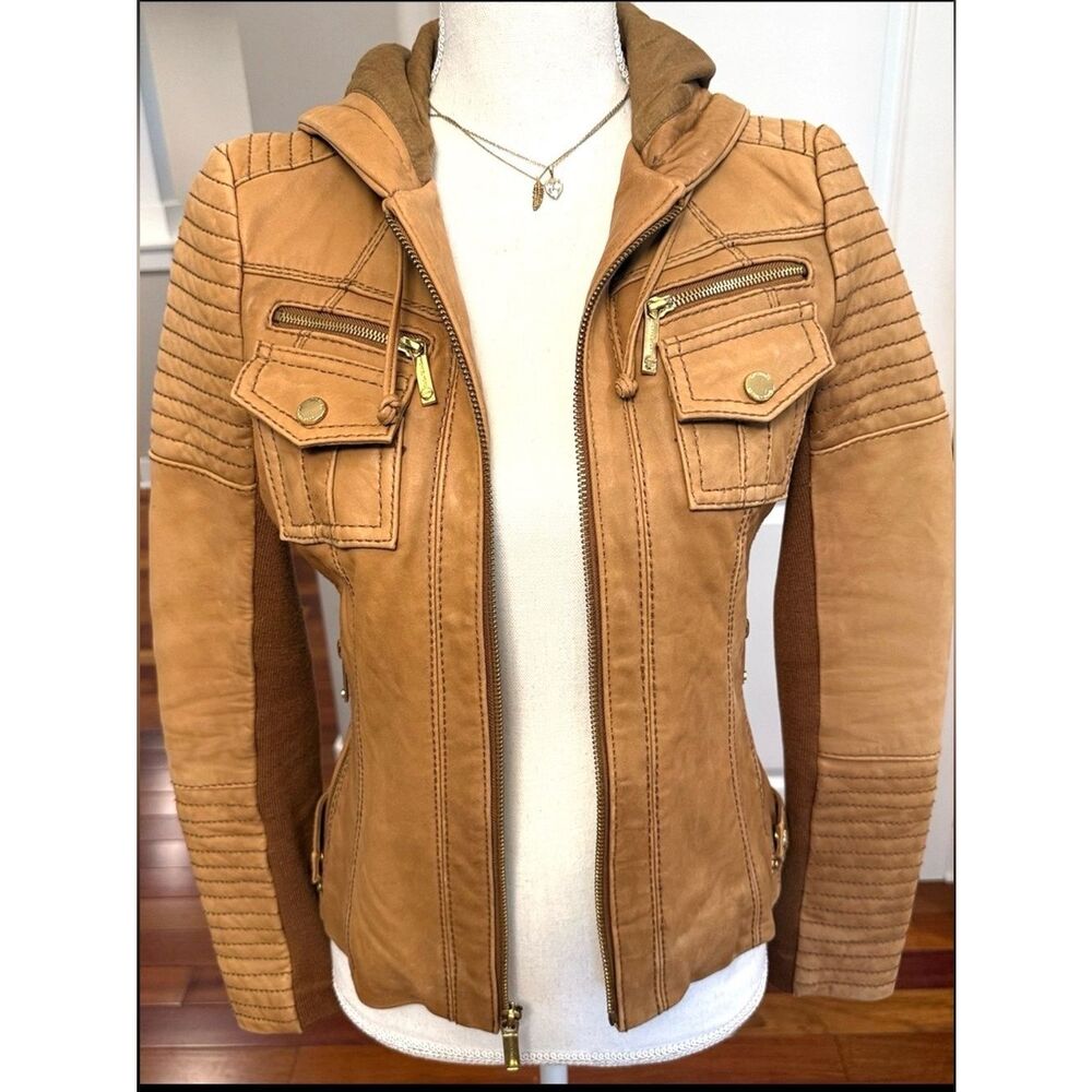 MICHAEL KORS LEATHER HOODIE BIKER TRUCKER JACKET 2K BOHO SOFT NUBUCK  POCKETS XS